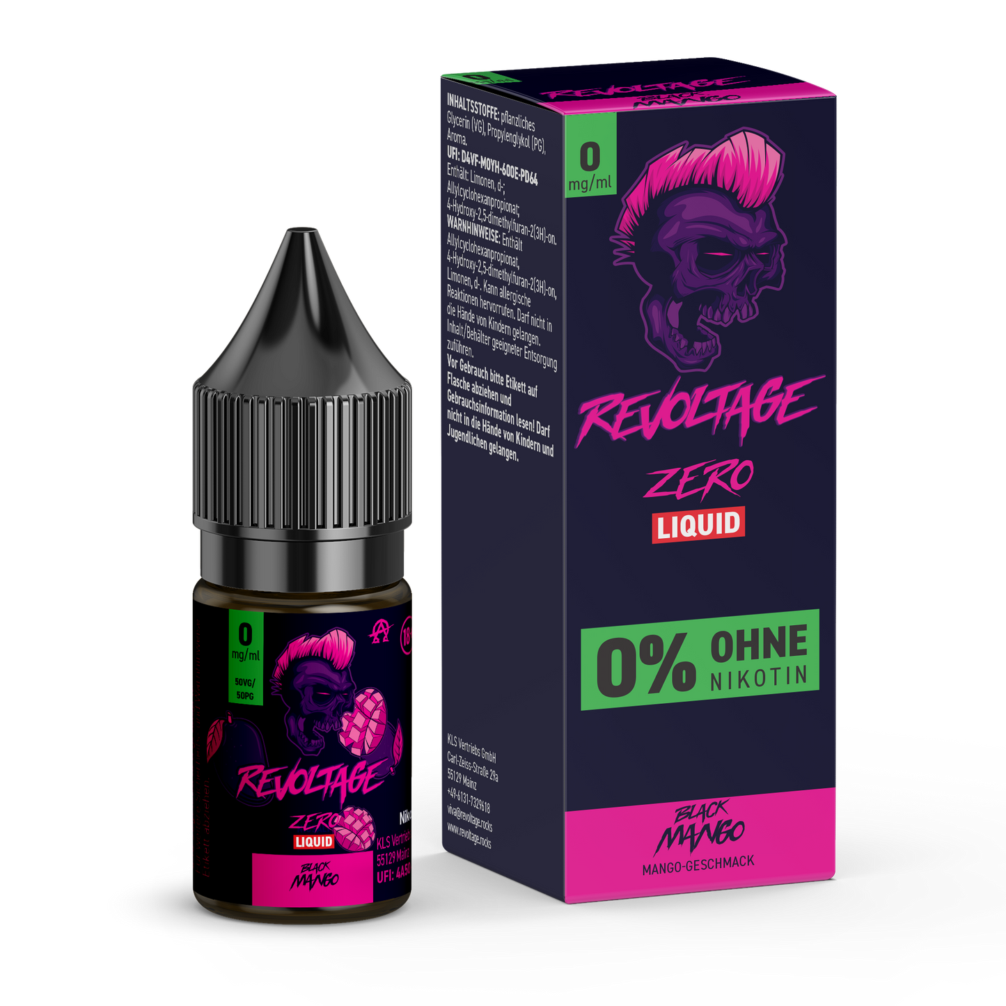 Revoltage Zero Liquid Black Mango e-liquid bottle and box, 0% nicotine, mango flavor, revoltage.rocks