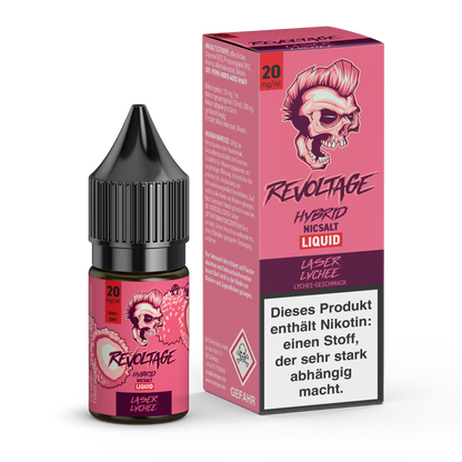 Revoltage Hybrid Nicsalt Liquid Laser Lychee e-liquid bottle and box with pink skull branding.