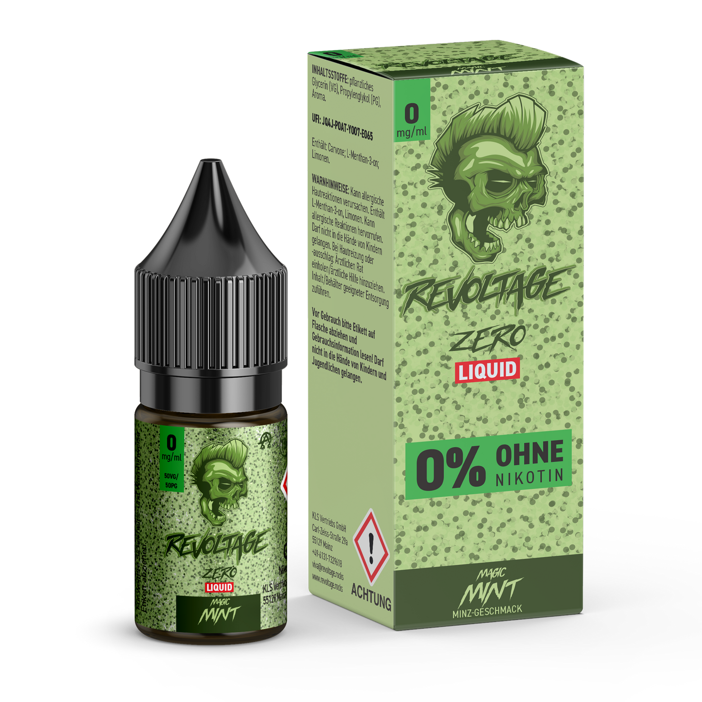 revoltage.rocks Revoltage Zero Liquid Magic Mint e-liquid bottle and green box, 0% nicotine