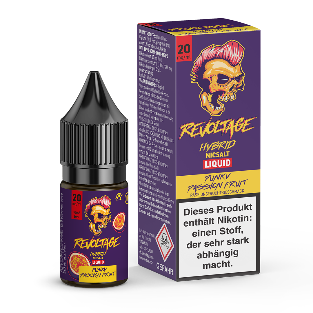 Revoltage Hybrid NicSalt Liquid Funky Passion Fruit e-liquid bottle and box with skull logo, 20mg/ml