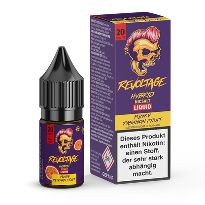 Revoltage Hybrid NicSalt Liquid Funky Passion Fruit e-liquid bottle and box with skull logo, 20mg/ml