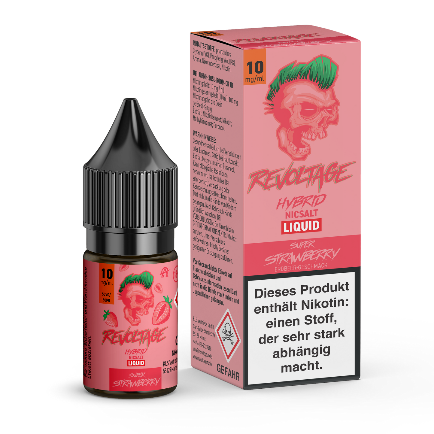 Revoltage Hybrid NicSalt Strawberry e-liquid bottle and box with red skull logo