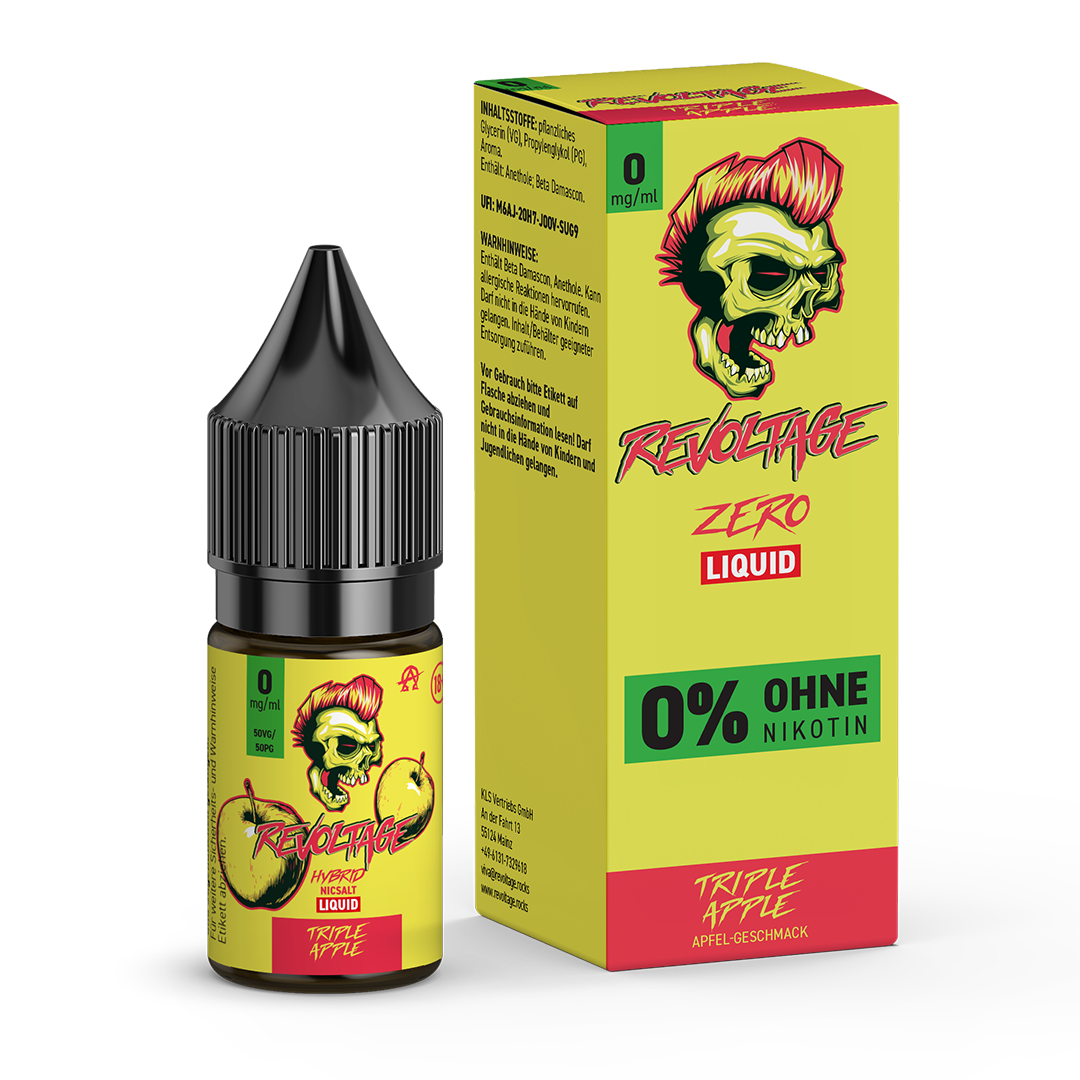 Revoltage Triple Apple e-liquid bottle and box, zero nicotine, bold yellow packaging with skull logo
