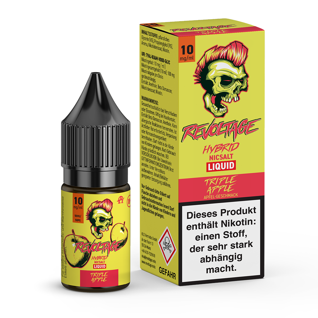 Revoltage Triple Apple Hybrid Nicsalt Liquid 10mg bottle and box with green skull and apples