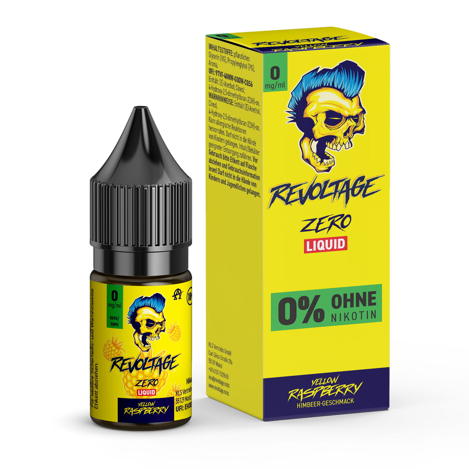 Revoltage Zero Liquid Yellow Raspberry e-liquid bottle and box, 0% nicotine, bold skull logo, bright yellow packaging