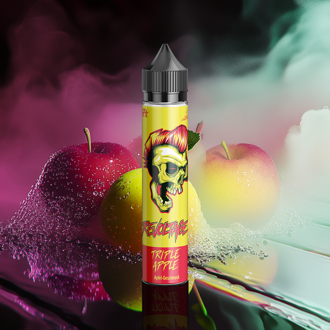 Revoltage Triple Apple vape juice bottle with apples and vibrant mist background