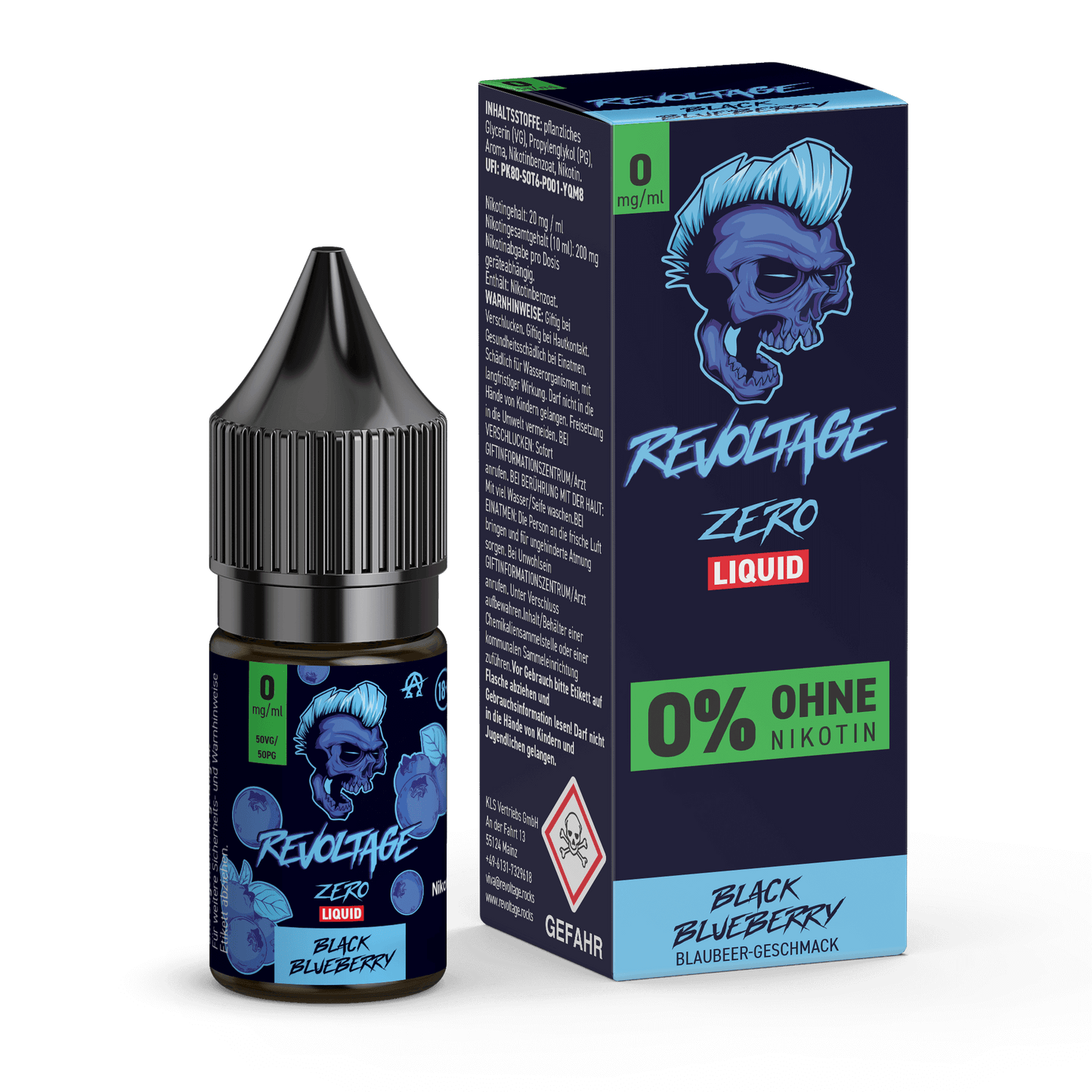 Revoltage Black Blueberry e-liquid 0mg bottle and packaging, nicotine-free, blueberry flavor