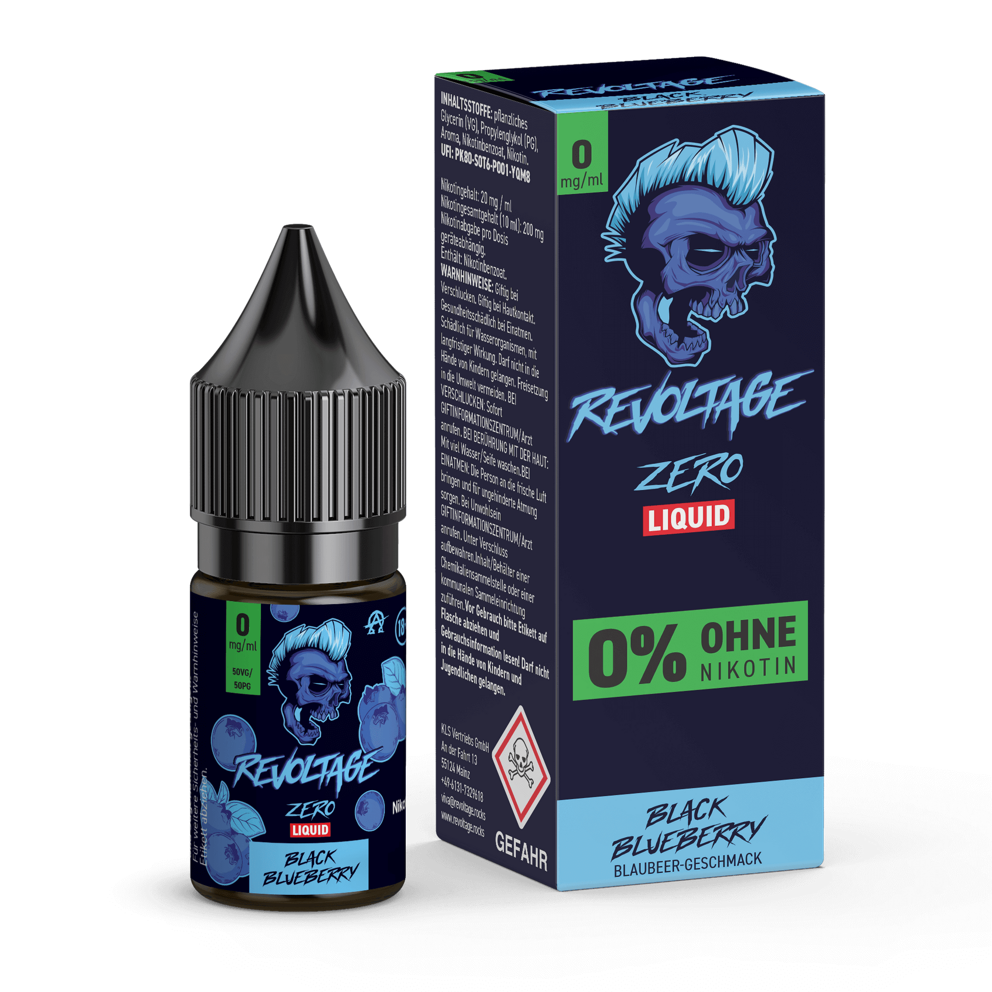 Revoltage Black Blueberry e-liquid 0mg bottle and packaging, nicotine-free, blueberry flavor