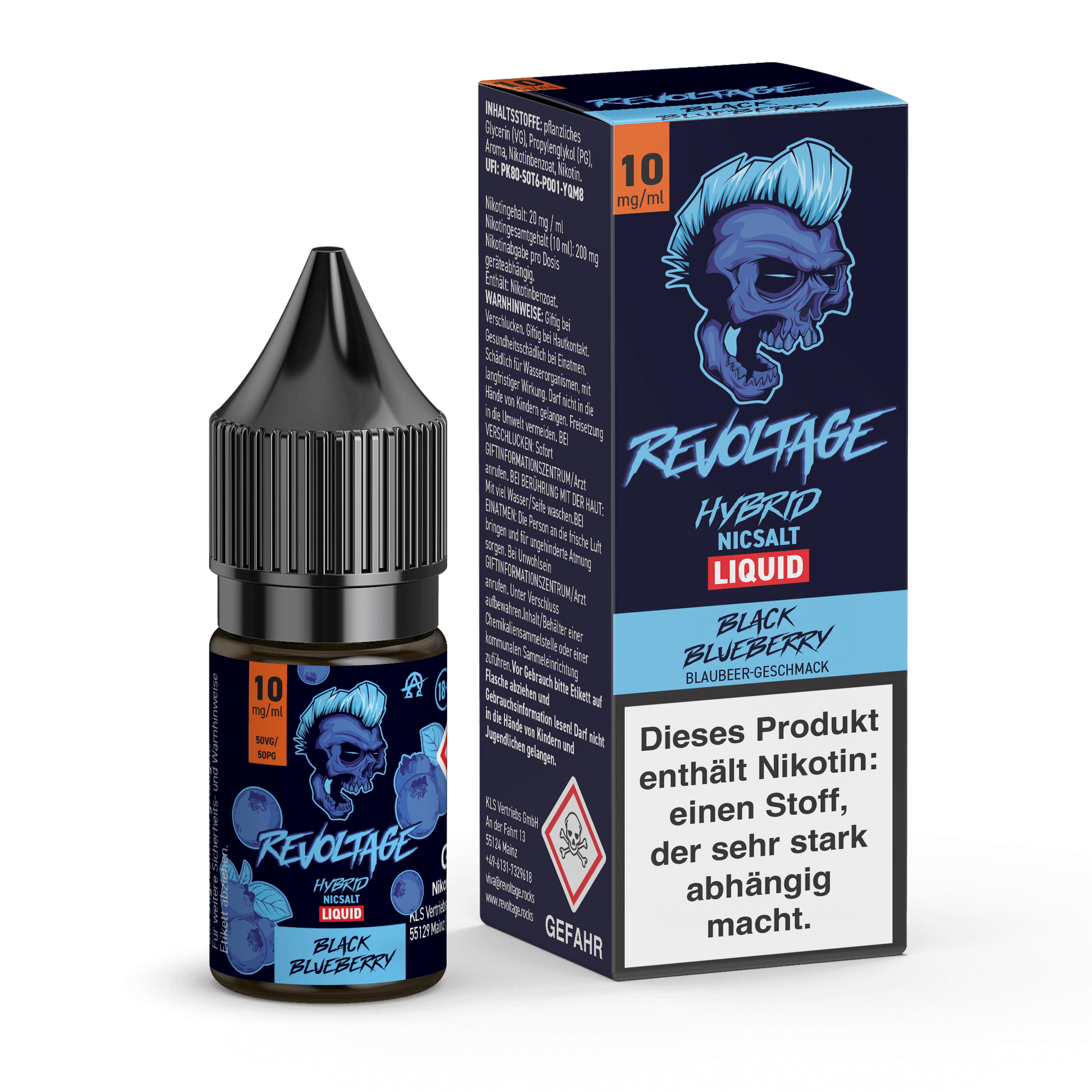 Revoltage Black Blueberry 10mg e-liquid bottle and box with blue skull artwork and blueberry images