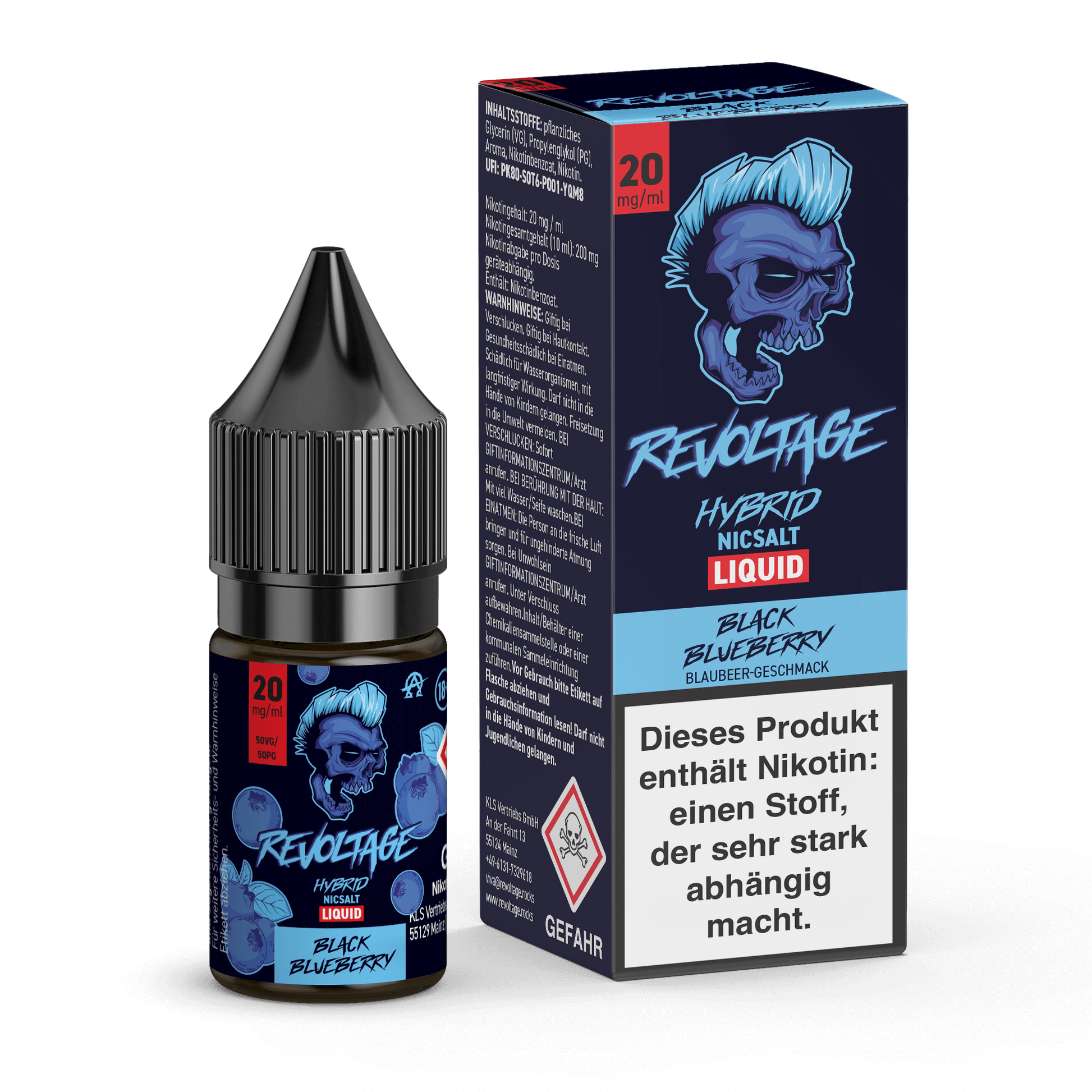 Revoltage Black Blueberry 20mg nicotine salt e-liquid bottle and box with blue skull design