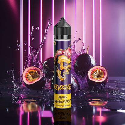 Revoltage Punky Passion Fruit vape juice bottle with bold skull label, passion fruit, neon background