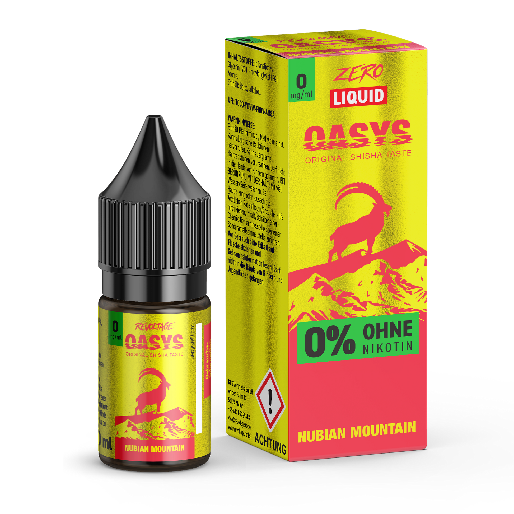 Revoltage OASYS Nubian Mountain E-Liquid bottle and box, 0% nicotine, yellow and red design