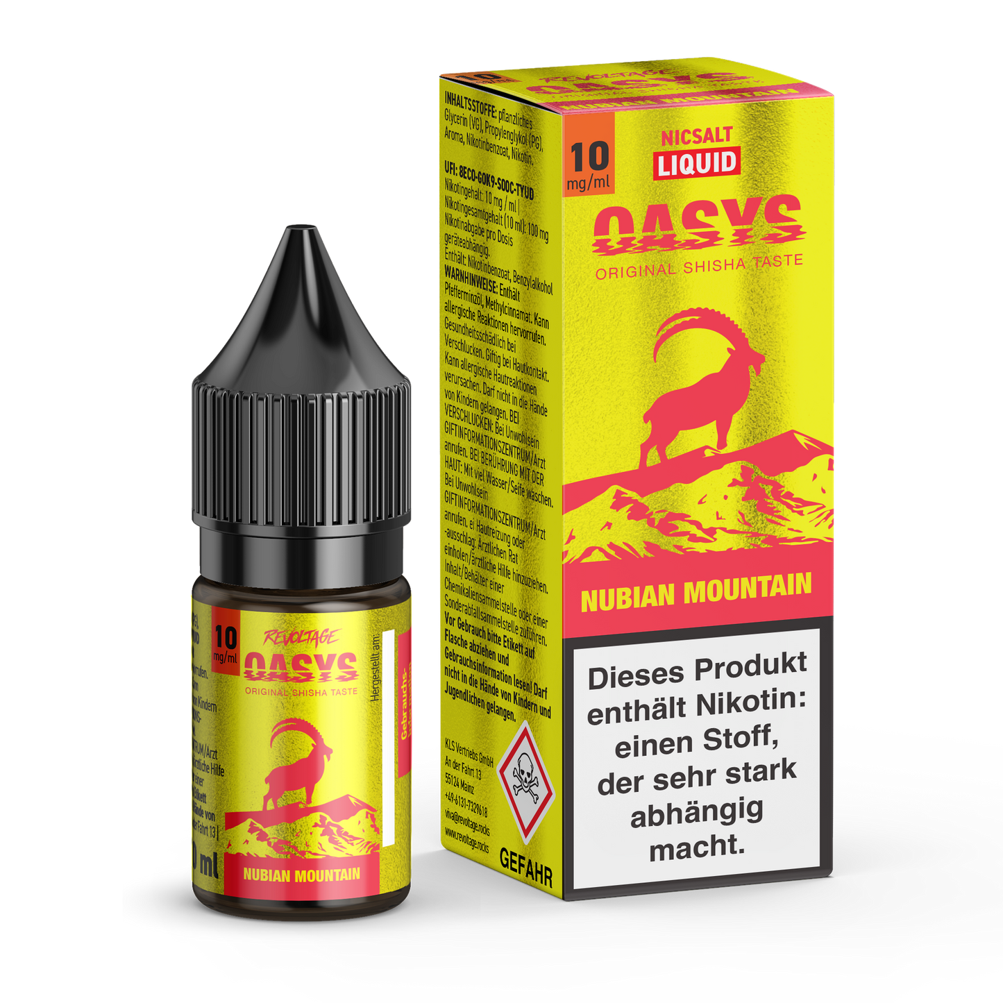 Revoltage OASYS Nubian Mountain 10mg e-liquid bottle and box with yellow mountain goat design